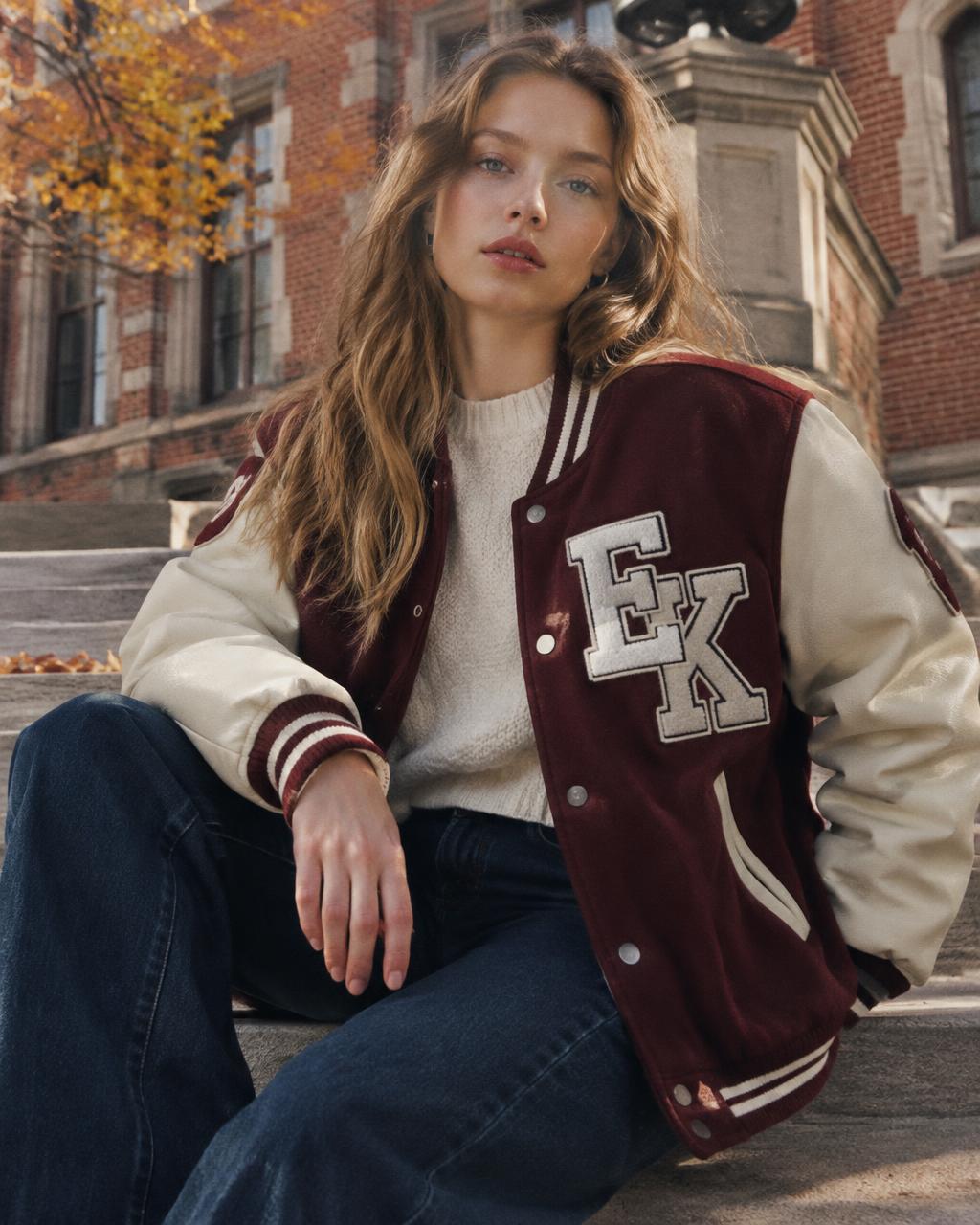 Model in the EK burgundy varsity jacket