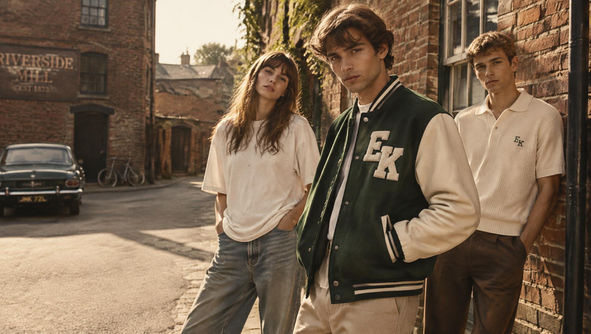 Models wearing EK VINTAGE varsity jacket, oversized tee and embroidered polo — proposed designs